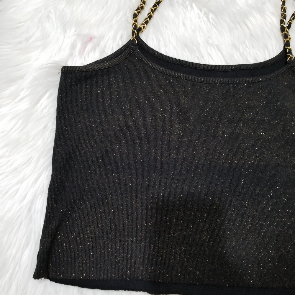 Black Cable & Gauge Top with Gold Glitter and Gold Chain Straps, SIZE L. - Picture 8 of 15